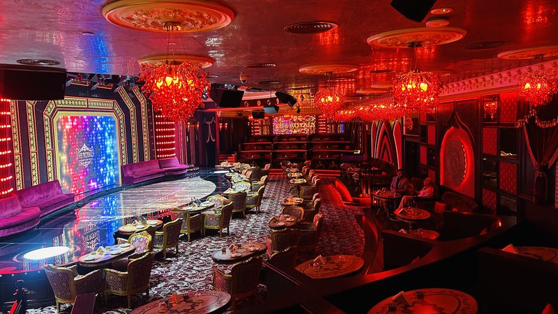 The Royals stage and dance floor under the chandeliers